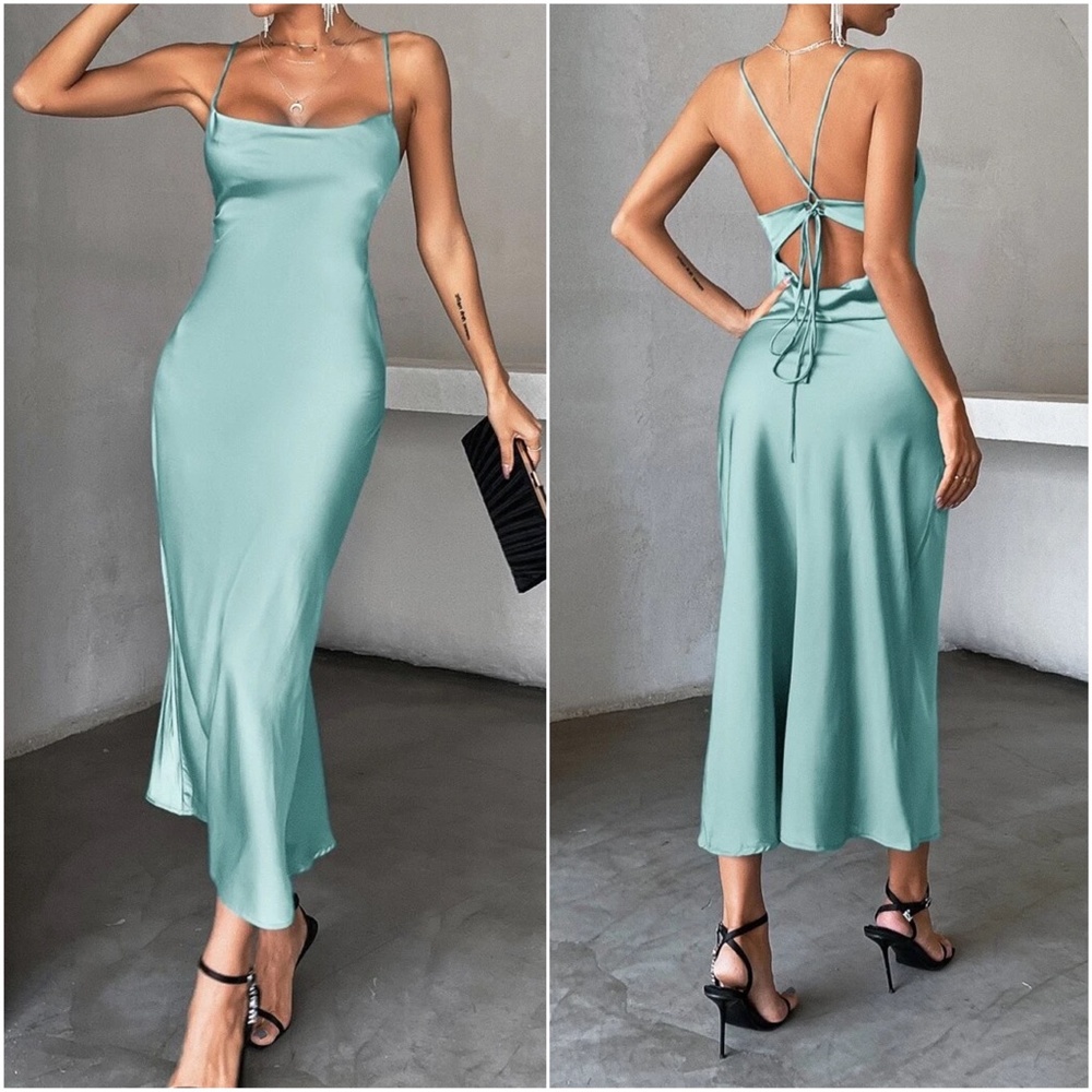 Luxe mint green Satin Lace up back Backless Party Evening Dress